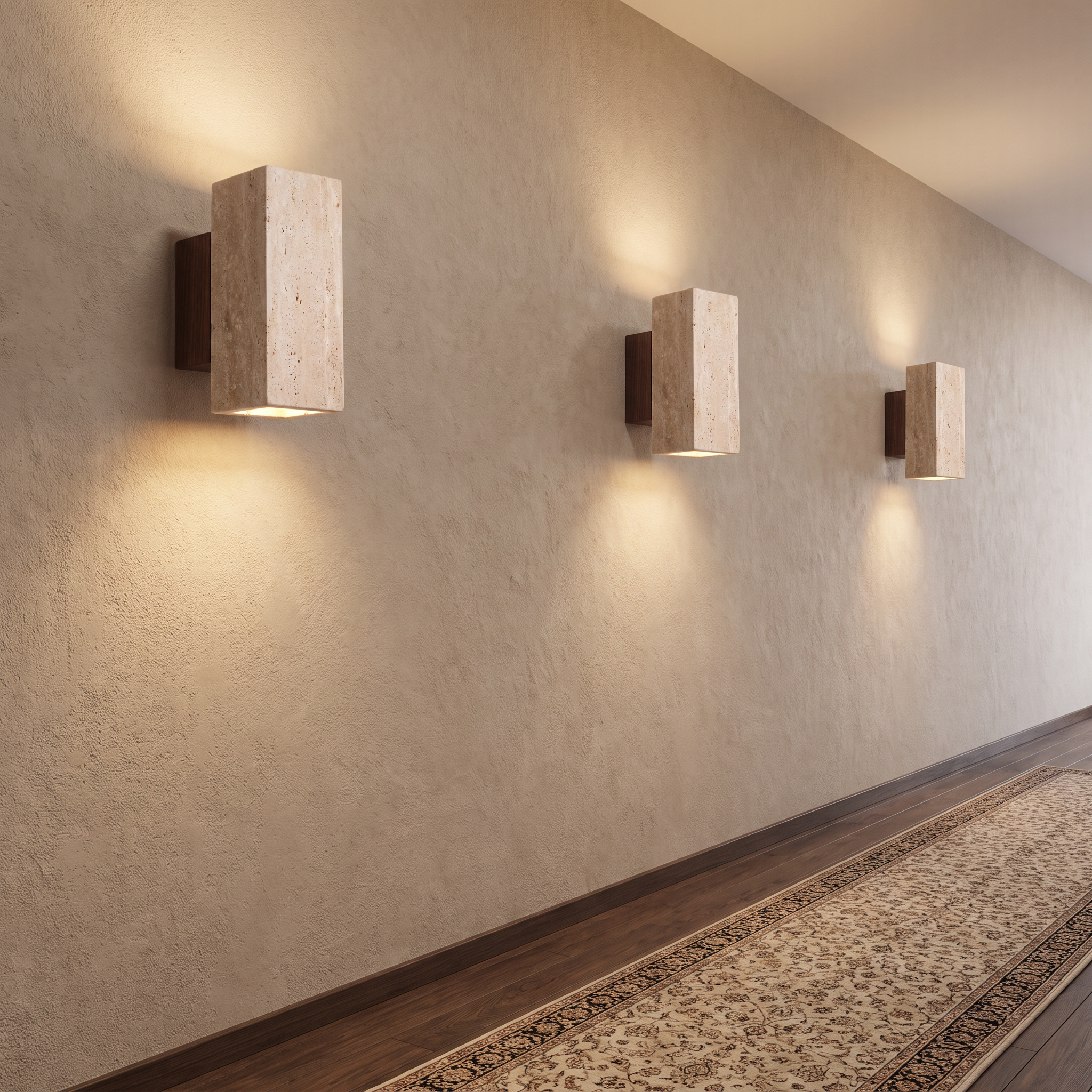 Travertine Column Sconce, Square block, row of three in luxury hallway, anchored to true product photo
