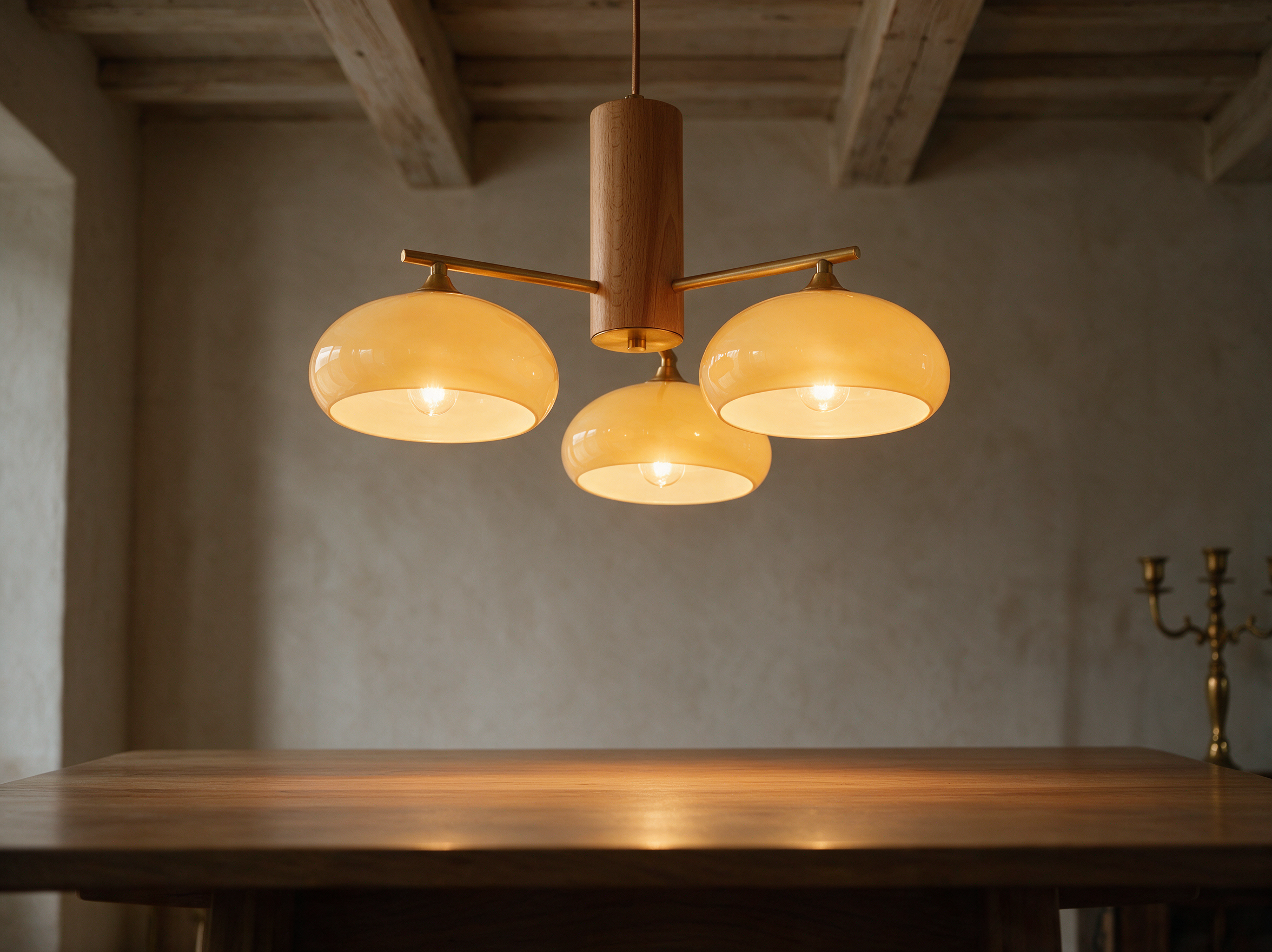 Copper Chandelier, Warm Luxury Evening Dining Room Light Fixture, Wood Beam Farmhouse Chandelier, Milk Glass Shades, 3 or 5-Light Rustic Elegant
