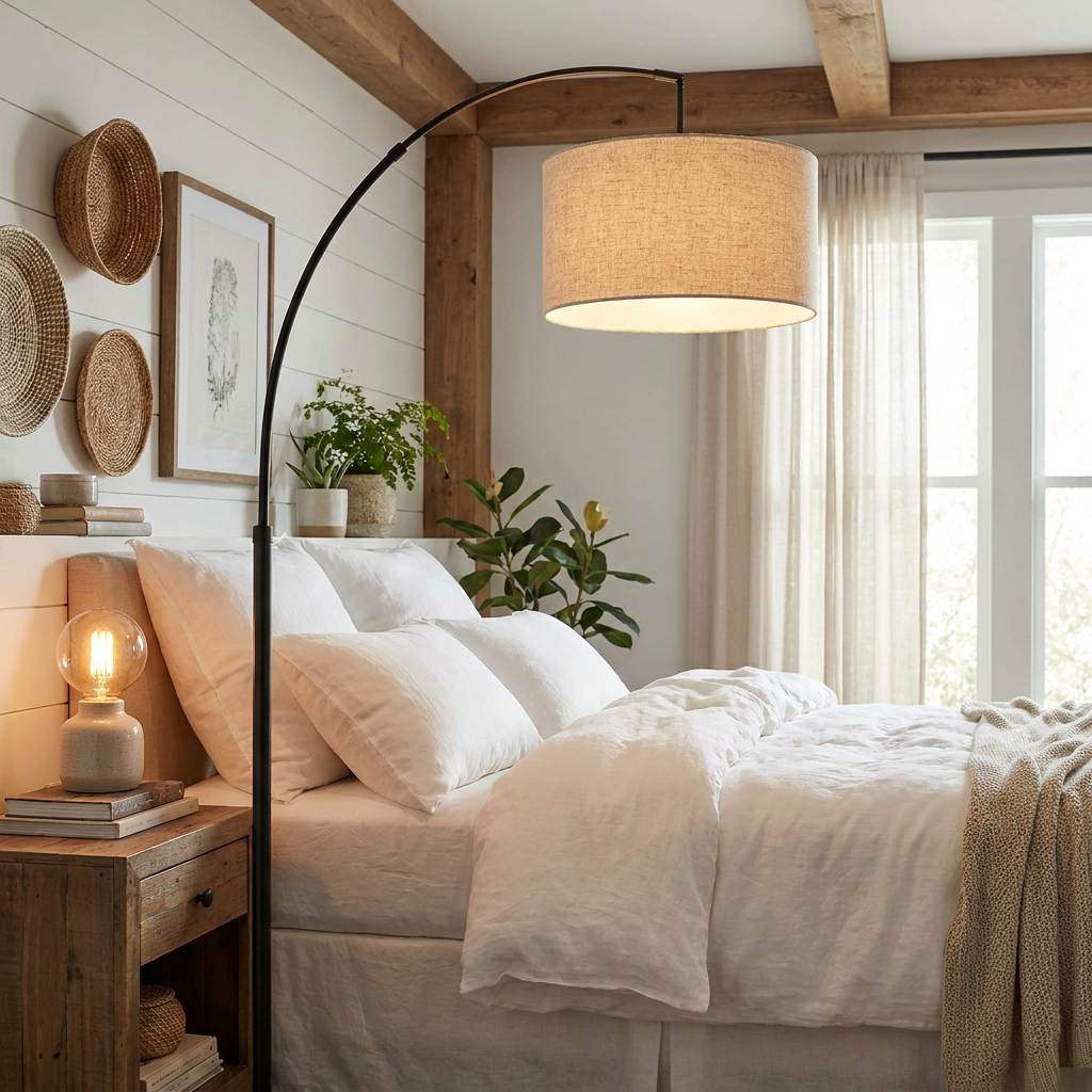 Farmhouse arc standing floor lamp linen shade – installation detail