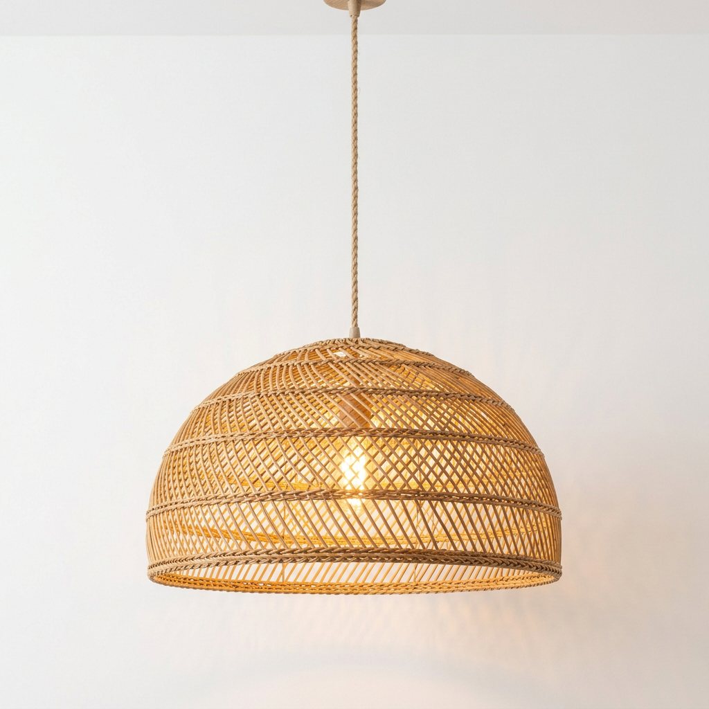Rattan Dome Pendant Light for Dining Room & Living Room | Boho Natural Woven Ceiling Fixture