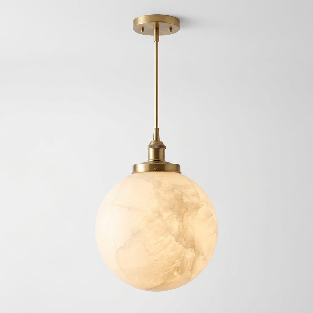 Alabaster Globe Pendant Light for Kitchen Island | Natural Stone Brushed Brass Ceiling Fixture