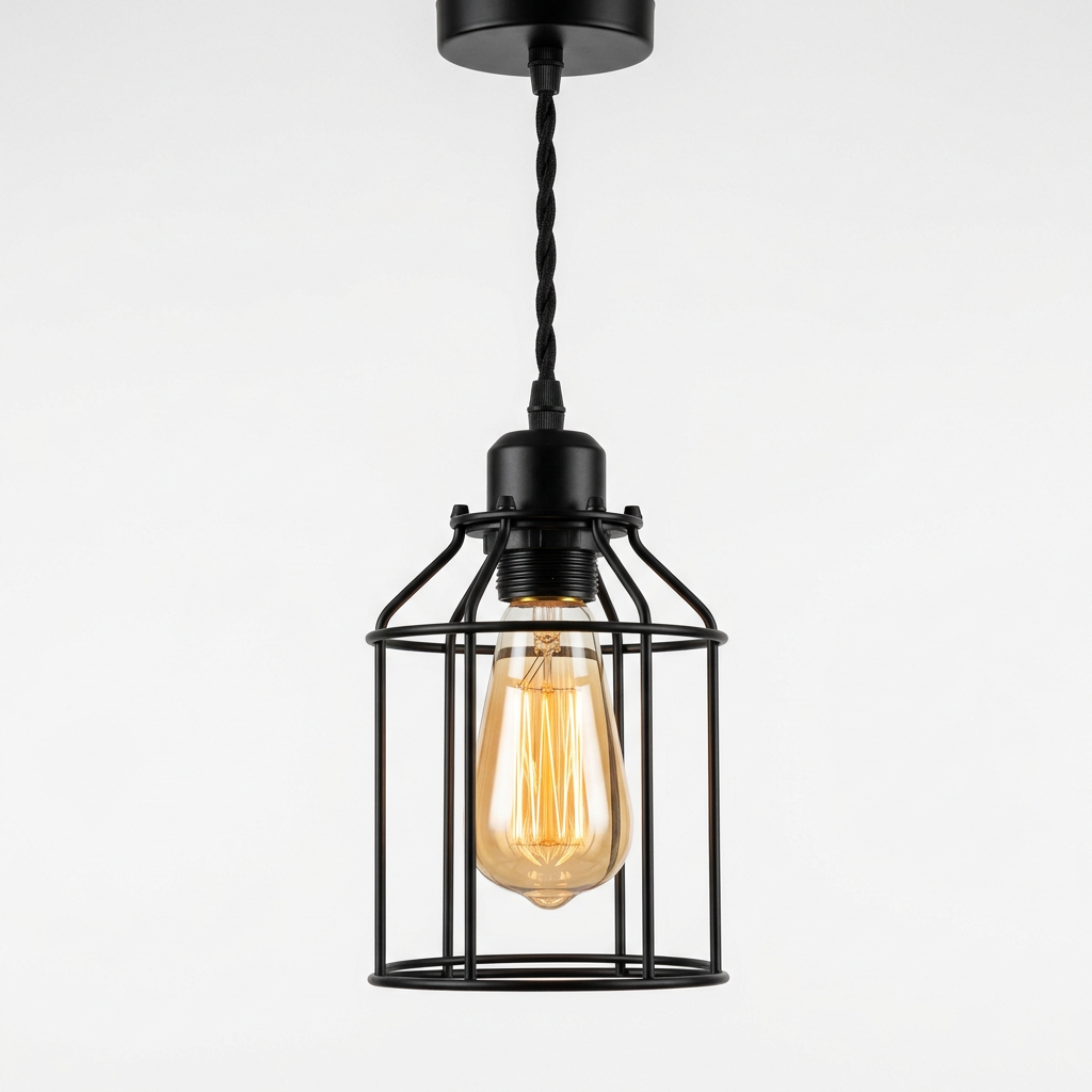 Industrial Cage Pendant Light for Kitchen Island & Bar | Black Metal Edison Ceiling Fixture