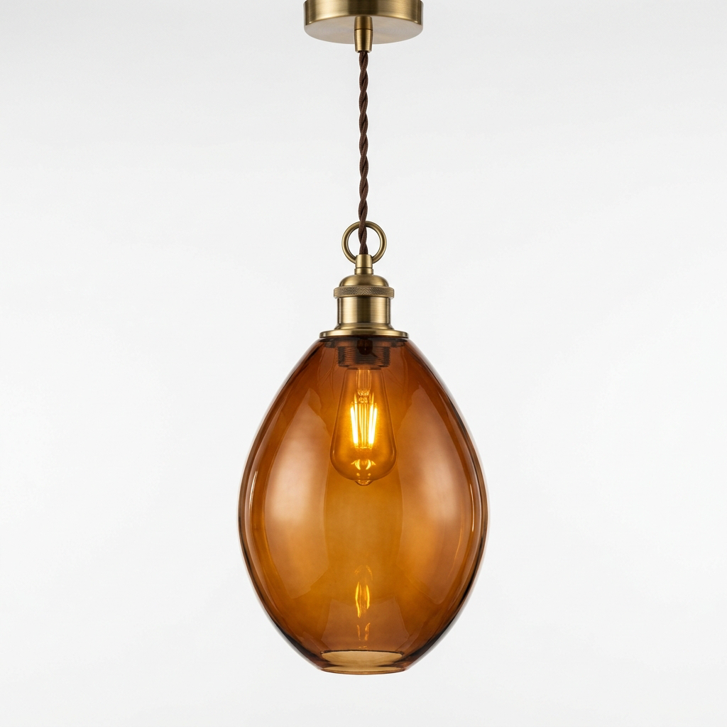 Hand-Blown Cognac Glass Pendant Light for Kitchen Island | Artisan Amber Brass Ceiling Fixture