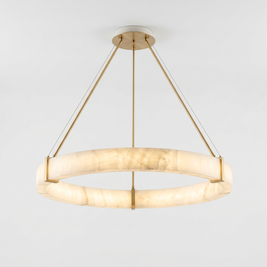 Alabaster Ring Chandelier for Dining Room | Modern Natural Stone Gold Ceiling Light Fixture