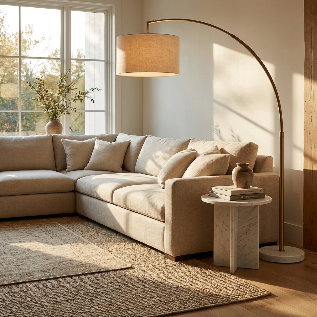 Arched Floor Lamp in living room reading nook with linen sofa