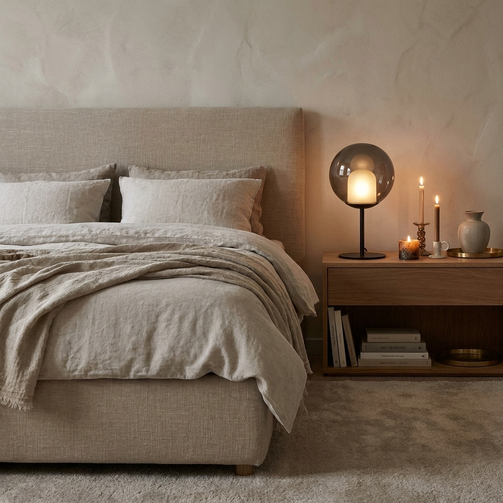 Smoked Glass Orb Table Lamp on nightstand in luxury bedroom