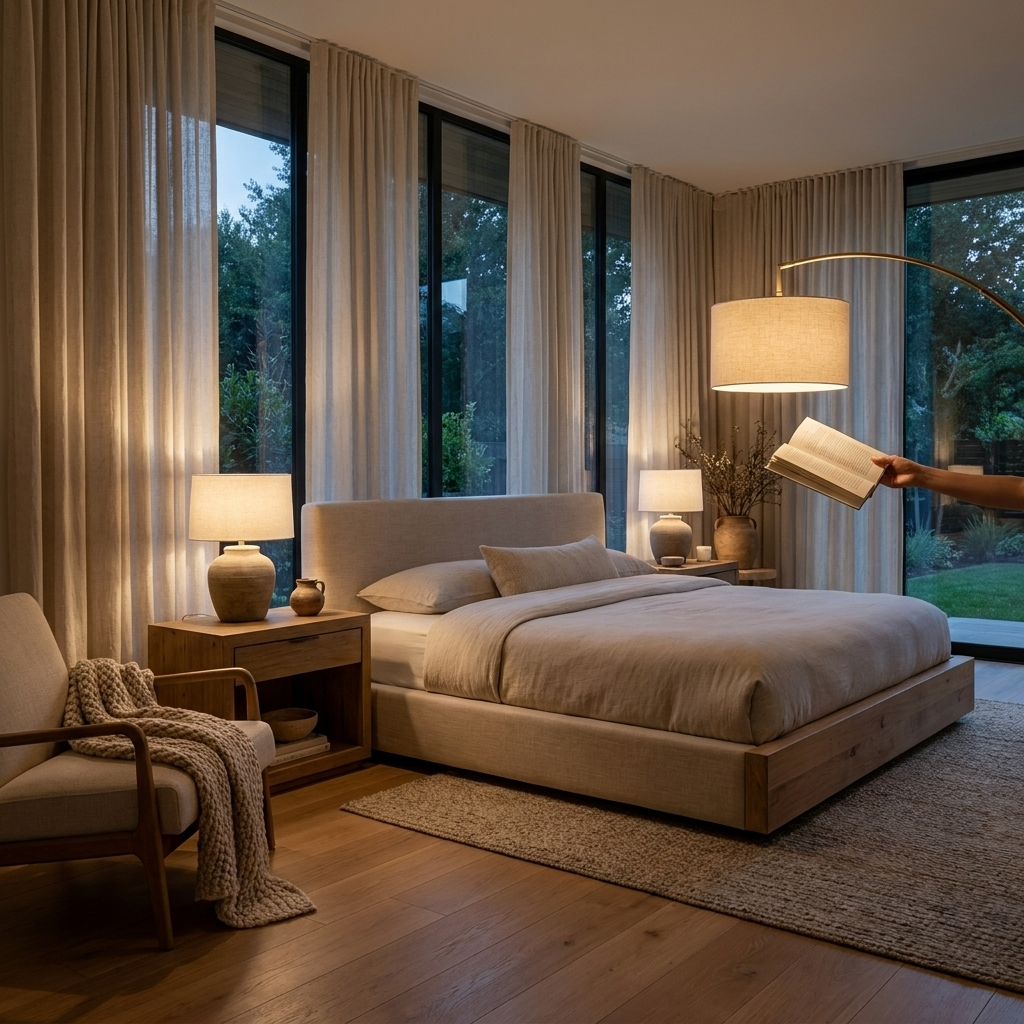 Arched Floor Lamp beside reading chair in master bedroom