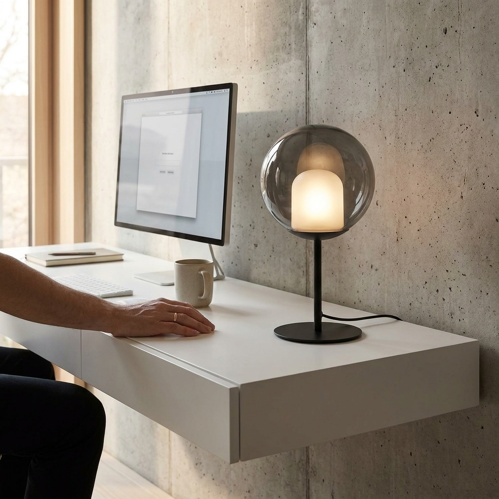 Smoked Glass Orb Table Lamp on desk in minimalist home office