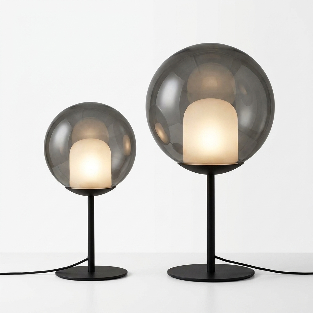 Smoked Glass Orb Table Lamp size variant comparison small and large