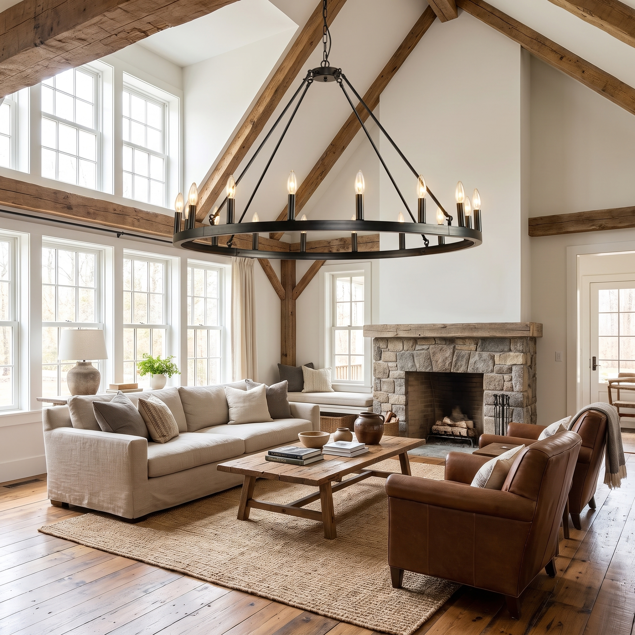 Wagon Wheel Chandelier installed in farmhouse living room