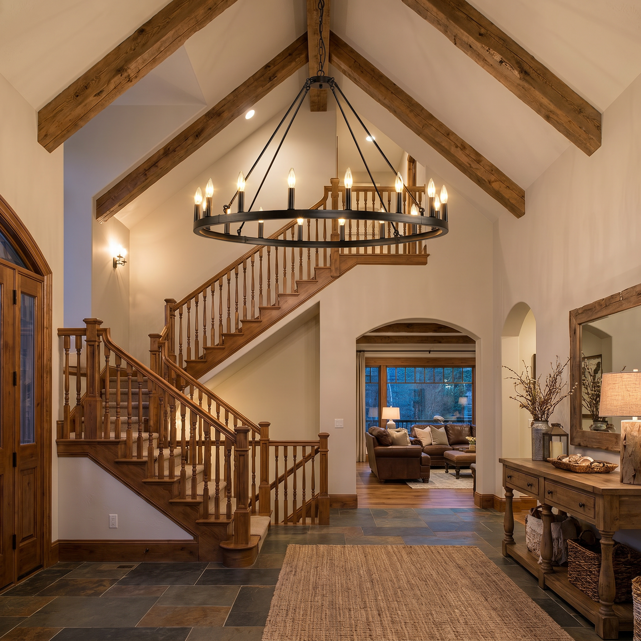 Wagon Wheel Chandelier installed in farmhouse foyer entryway