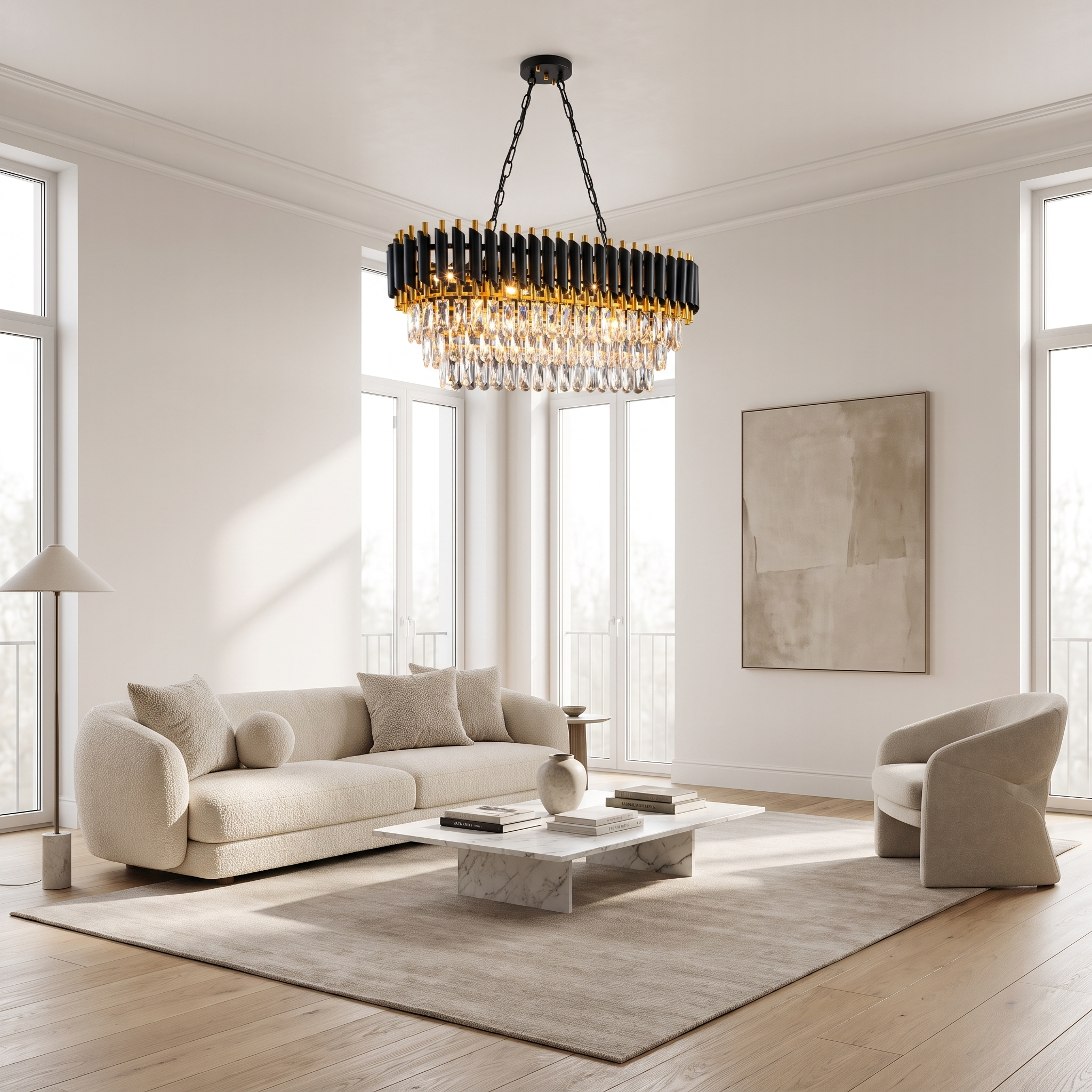 Crystal Chandelier in bright upscale living room