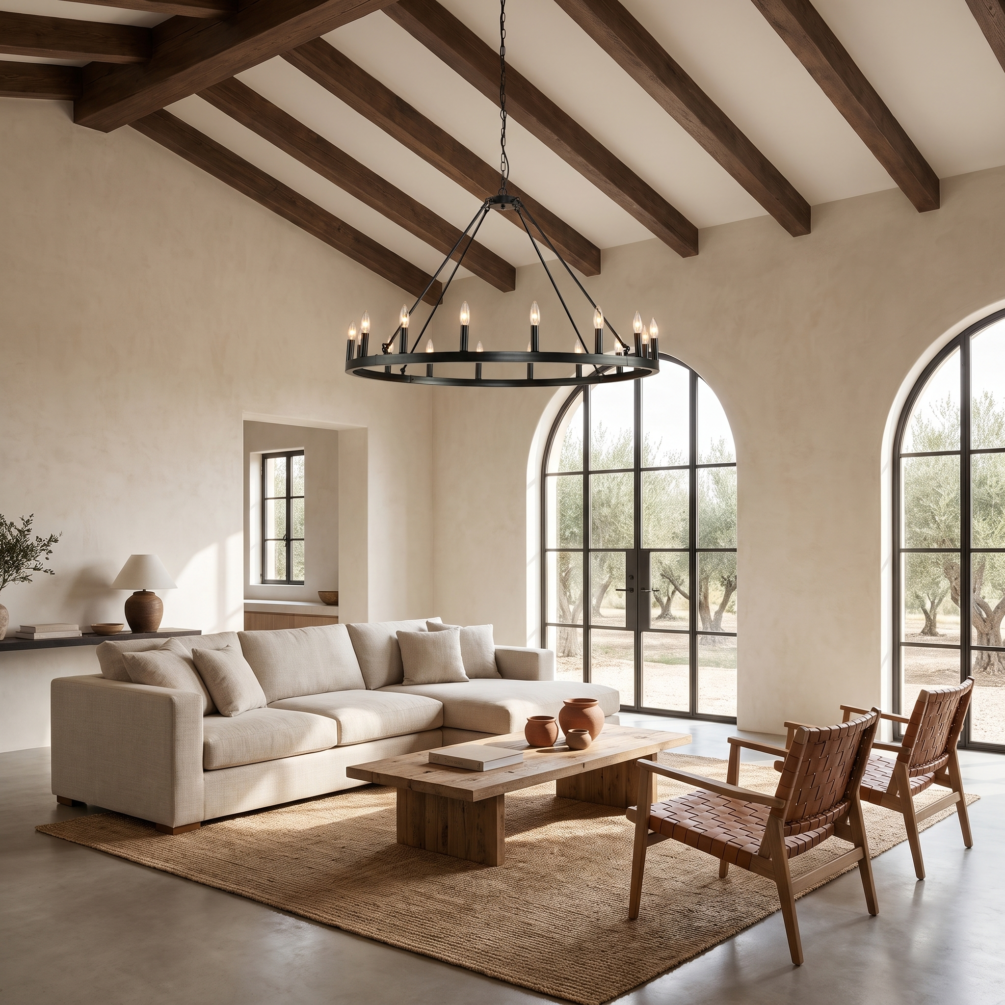 Wagon Wheel Chandelier in bright Tuscan-inspired living room
