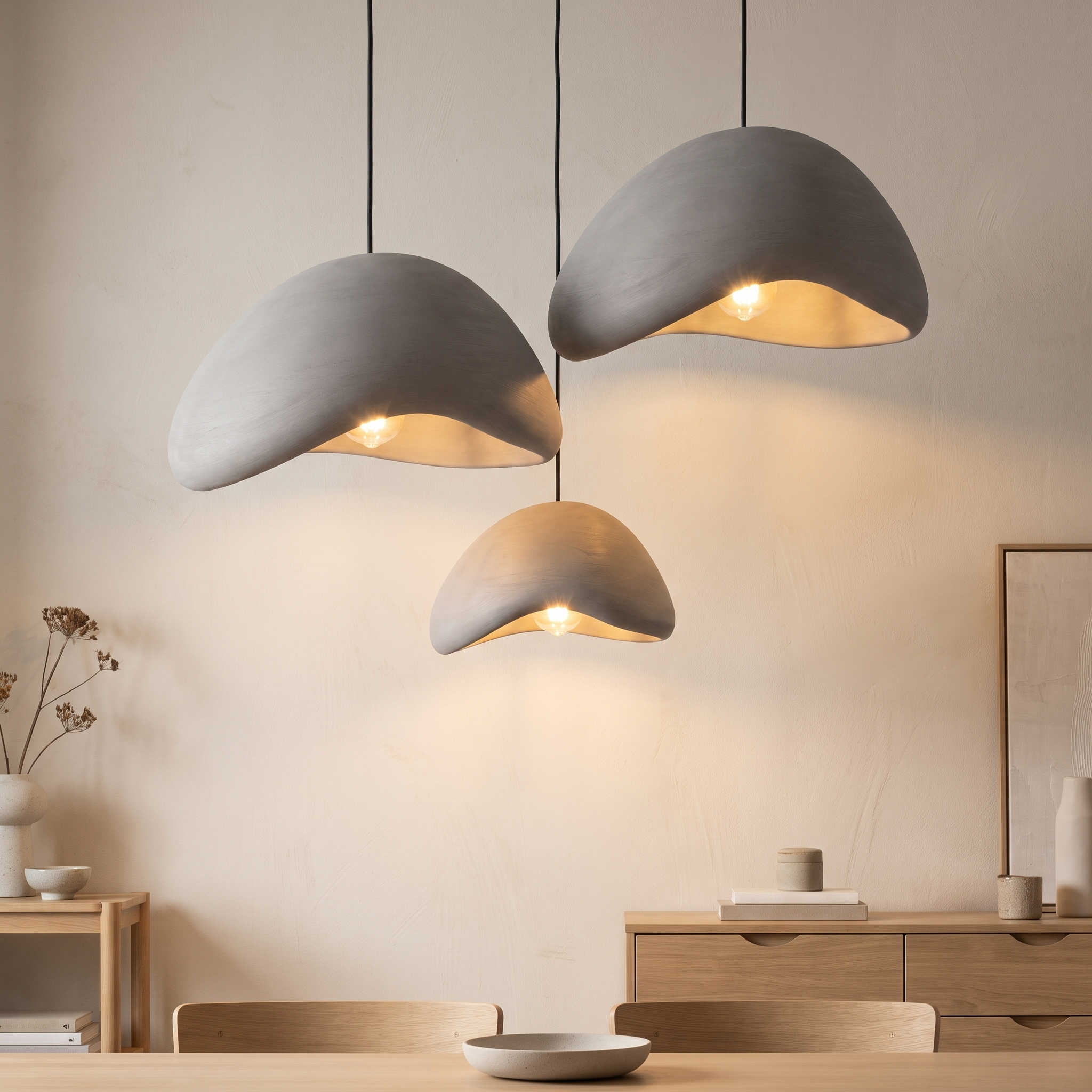 Woven Pendant Light styled as a cluster of three at staggered heights over a dining table