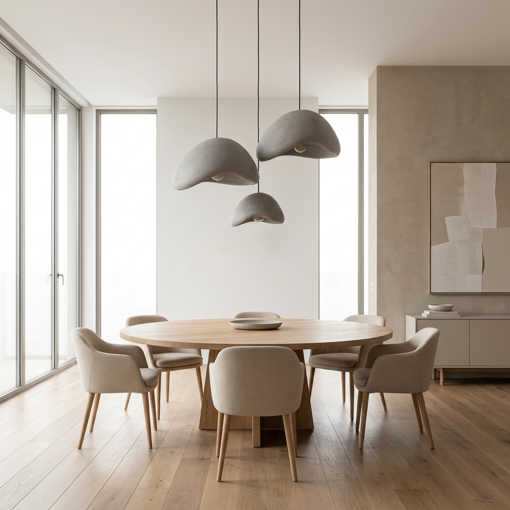 Modern minimalist dining room with a cluster of three grey resin pendant lights at staggered heights
