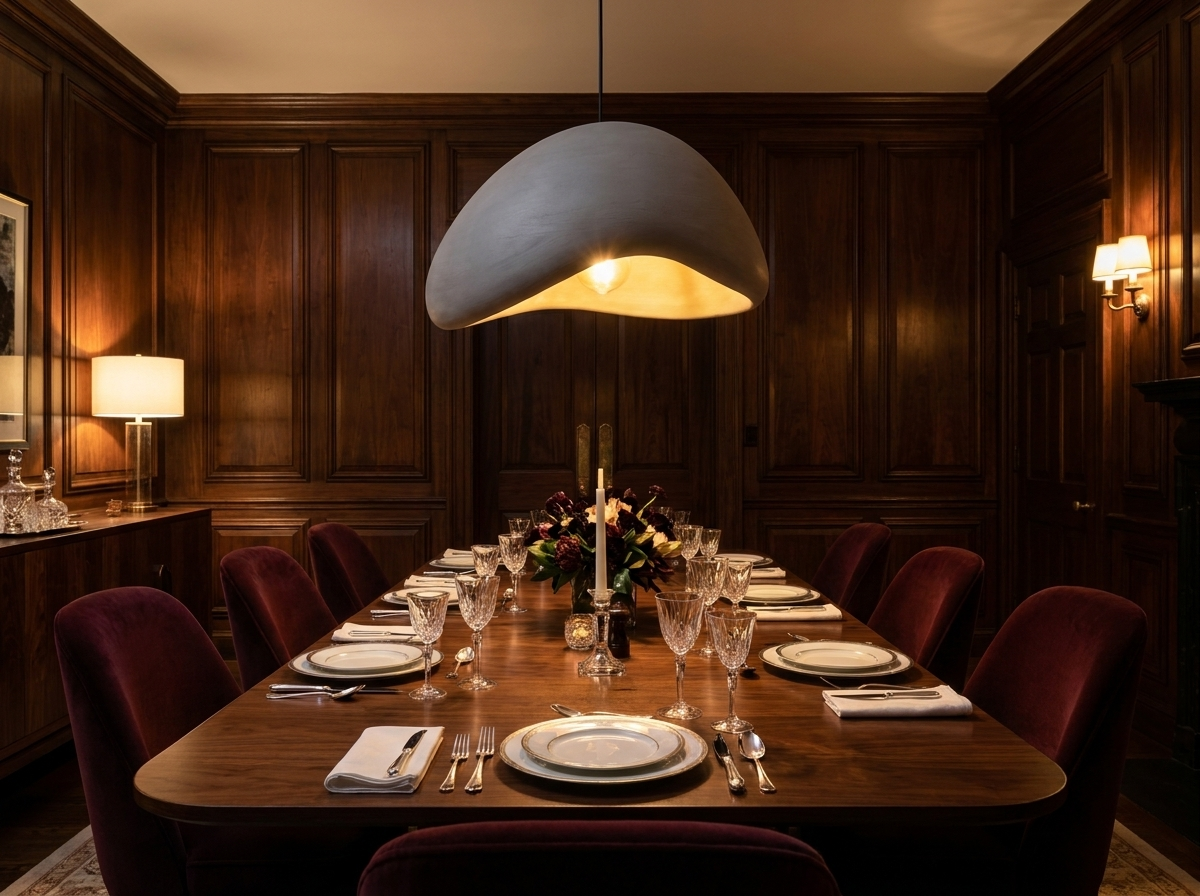 Grey resin pendant light glowing warmly above a sophisticated luxury dining room at night