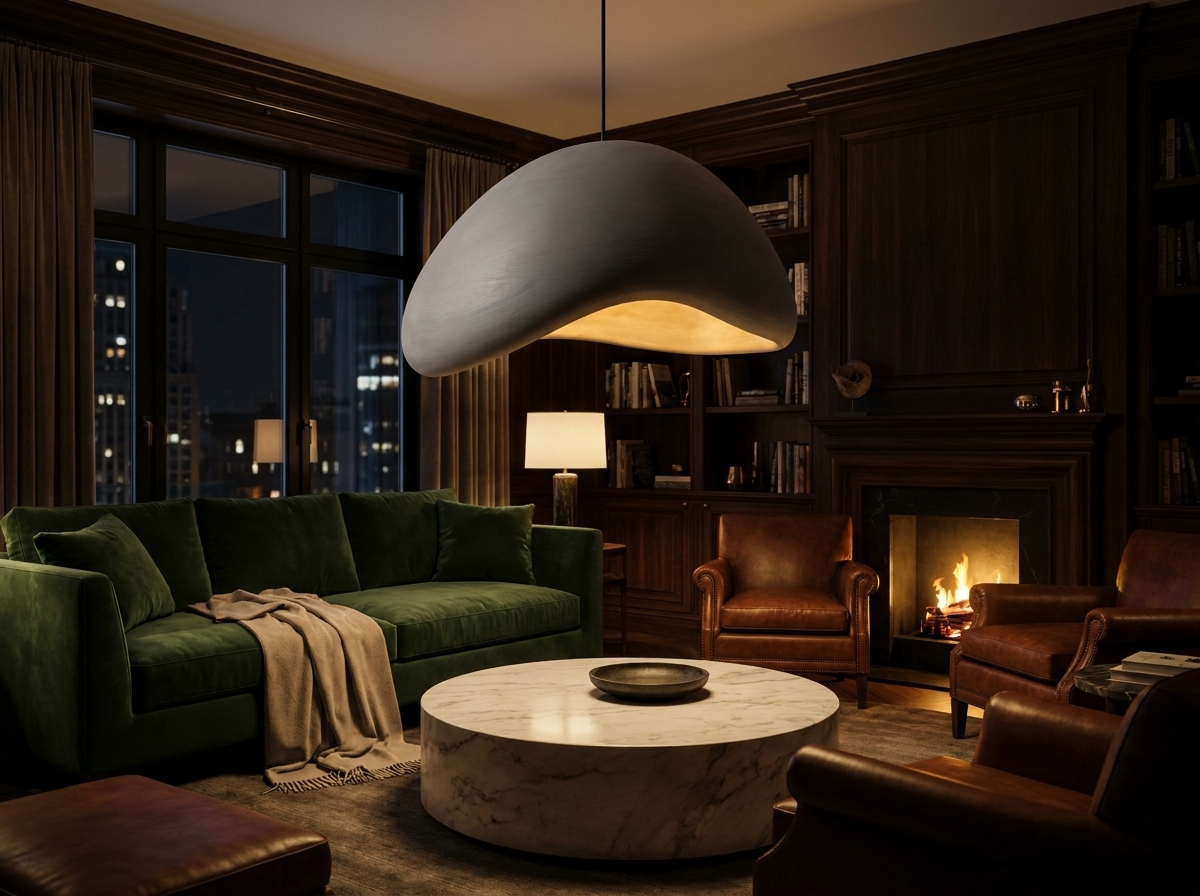 Grey resin pendant light glowing warmly in a sophisticated upscale living room at night
