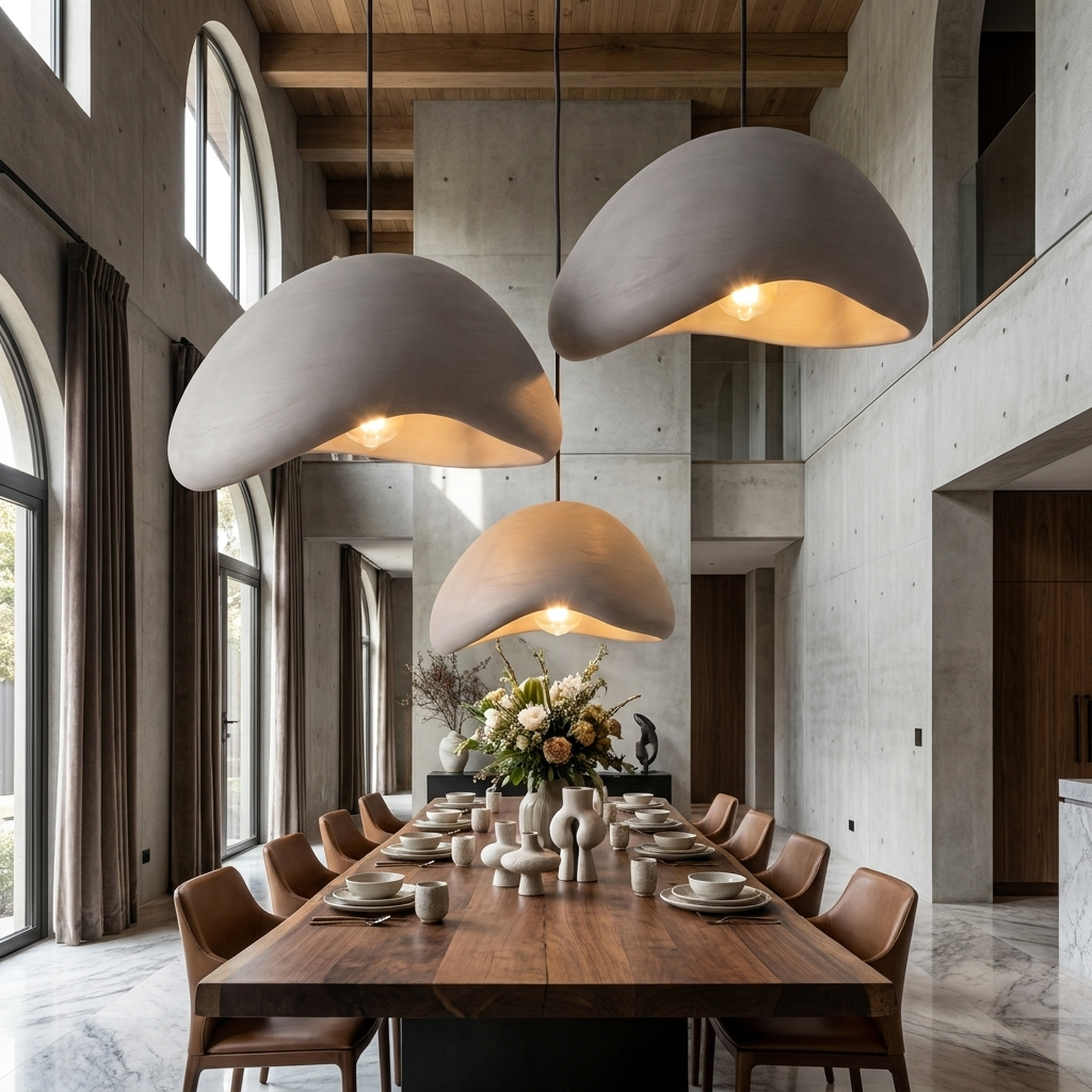 Cluster of three grey sculptural resin pendant lights in a magazine-quality luxury dining room with high ceilings