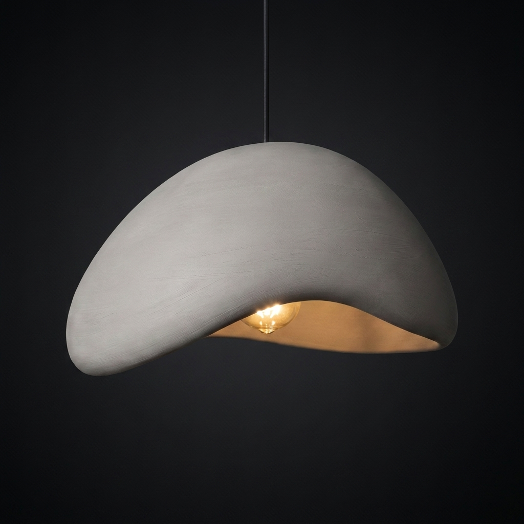 Grey resin pendant light product photo on a dramatic dark neutral background