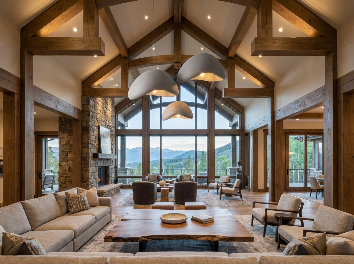 Wide architectural view of three grey resin pendant lights in a soaring high ceiling great room