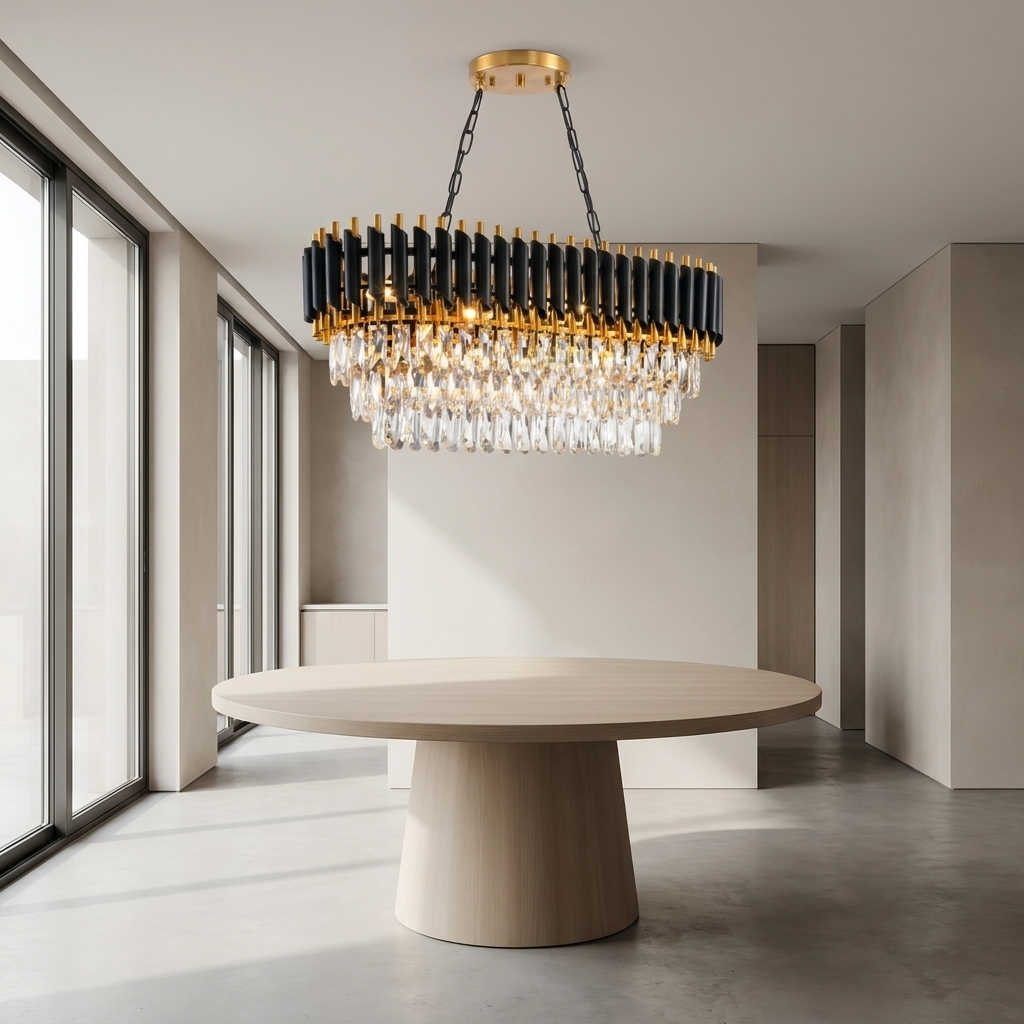 Black and gold crystal chandelier in a bright modern minimalist dining room