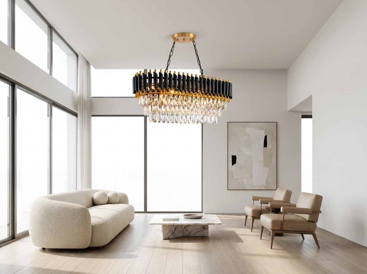 Crystal chandelier in a bright modern minimalist living room