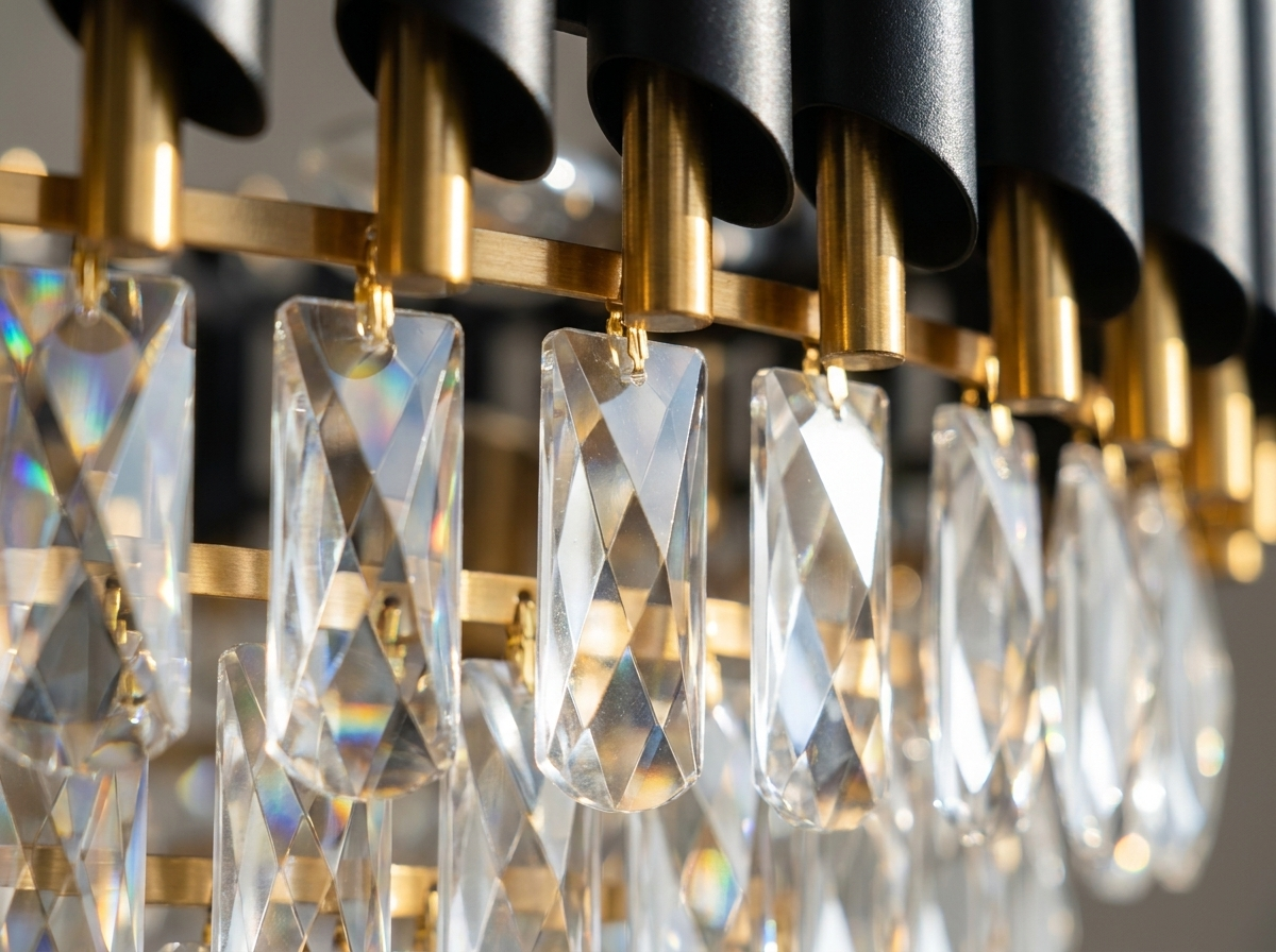 Close-up of K9 crystal drops catching bright natural daylight