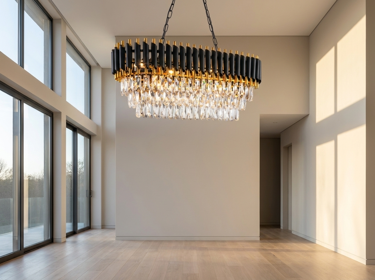 Crystal chandelier as a statement piece in a bright modern minimalist bedroom
