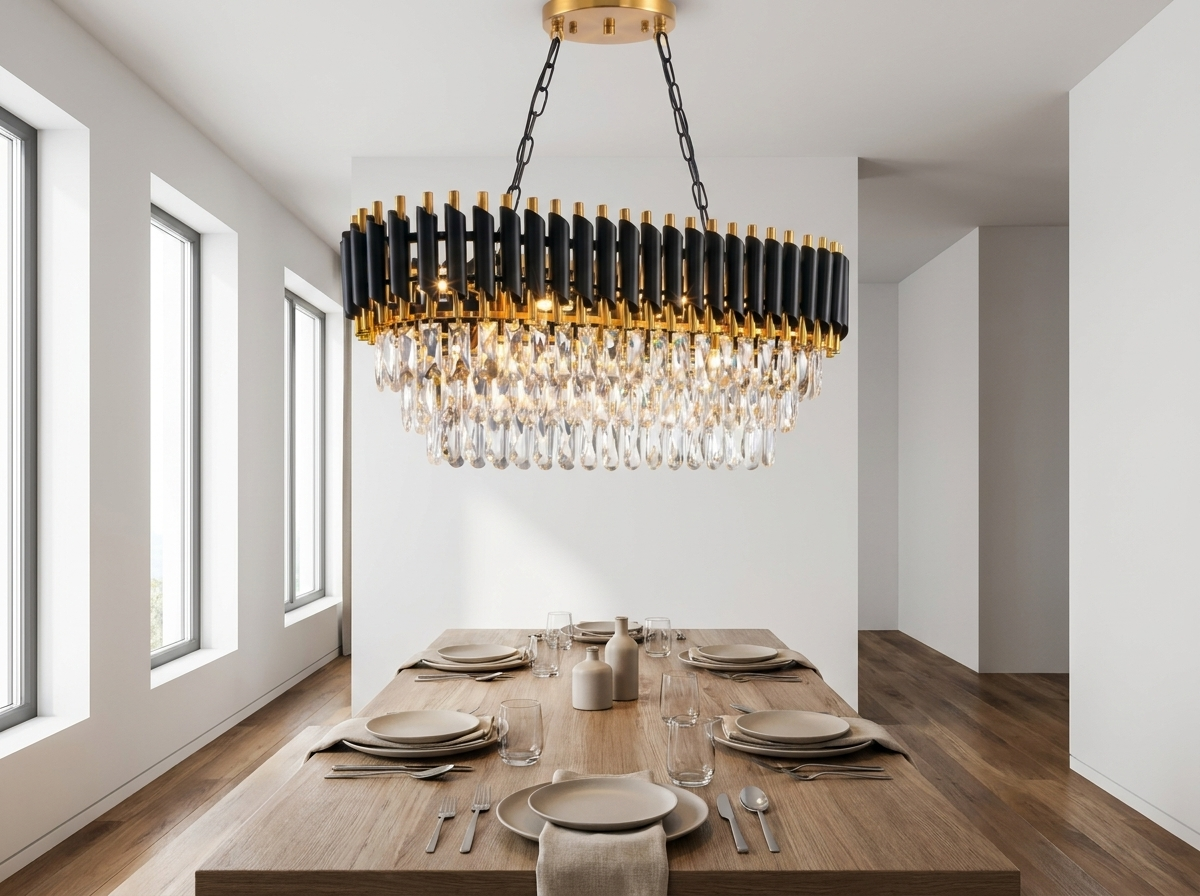 Crystal chandelier over a set dining table with neutral tableware