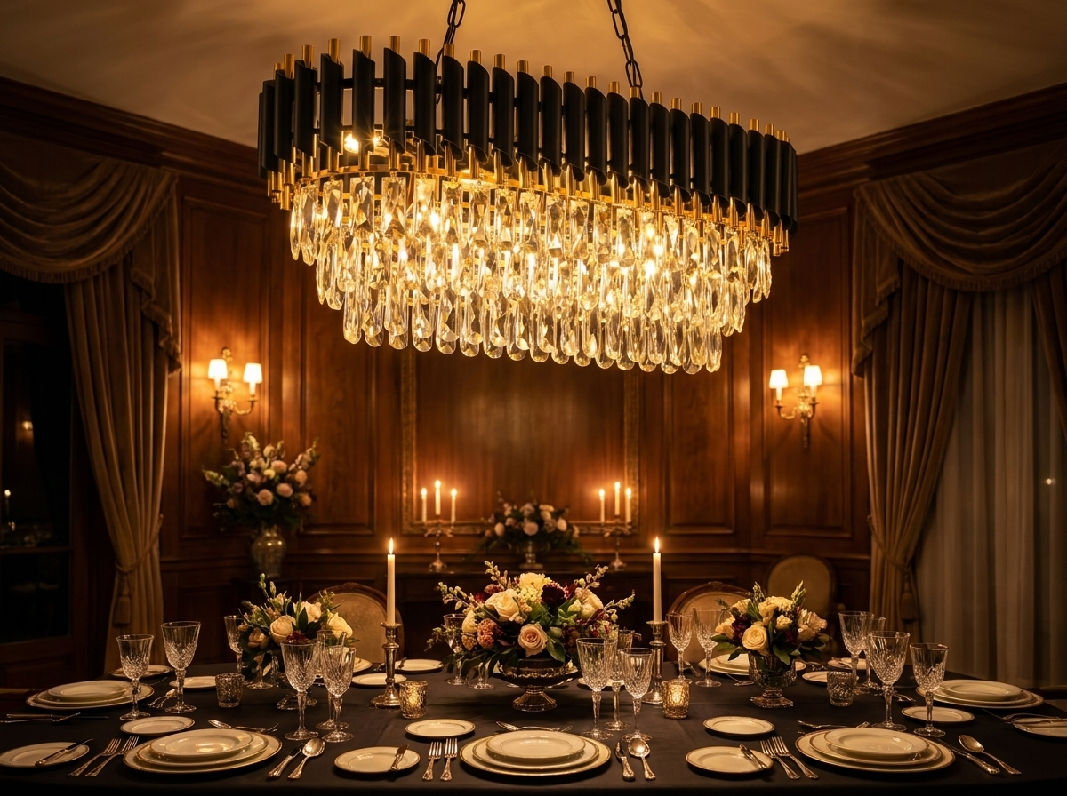 Alternate dramatic angle of the crystal chandelier glowing at night over dining table