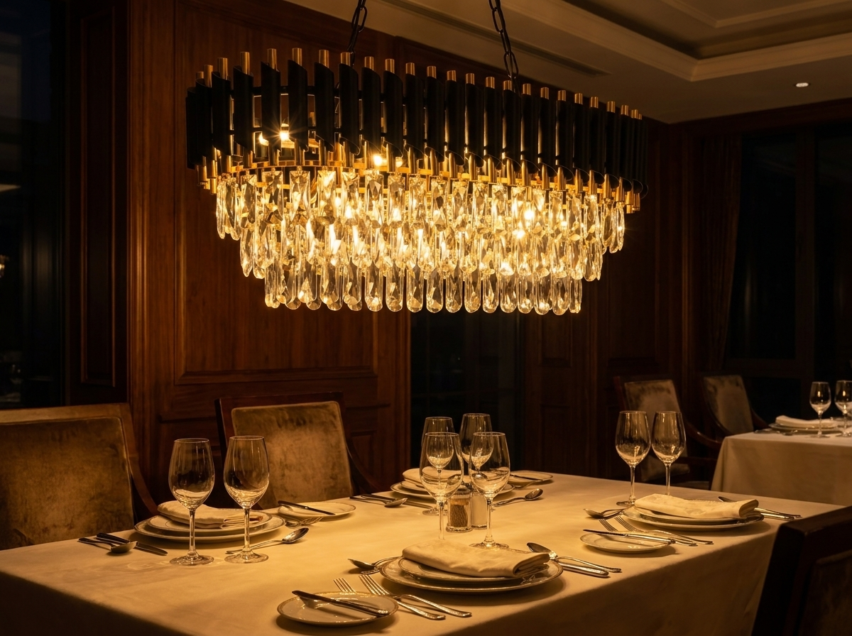 Crystal chandelier glowing warmly above an elegant set dinner table with wine glasses