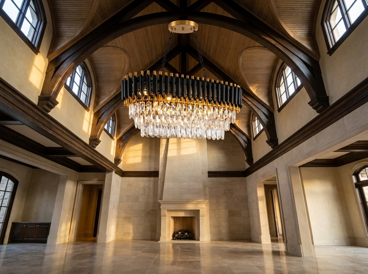 Crystal chandelier in a soaring vaulted ceiling great room, architectural photography