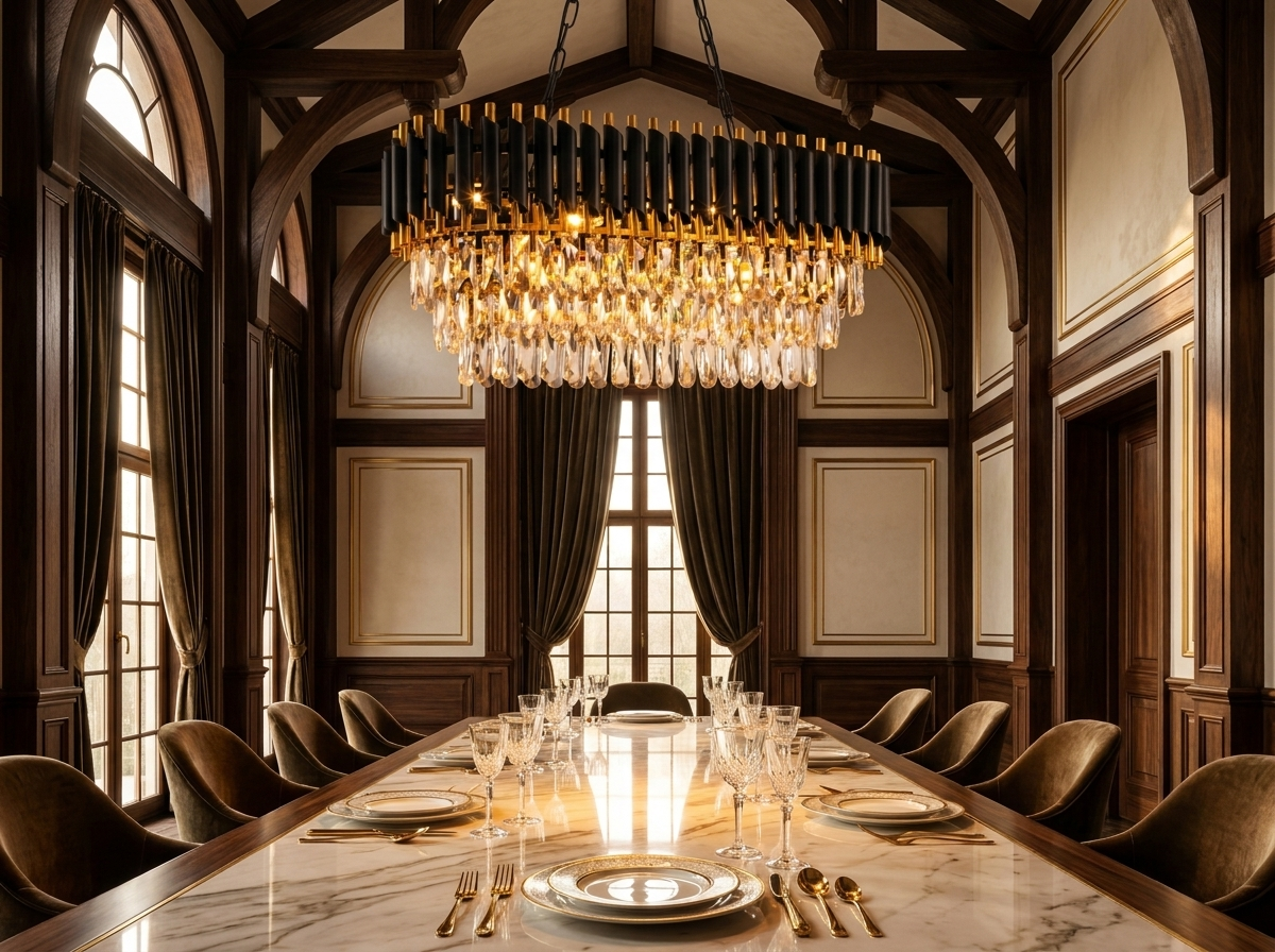 Crystal chandelier over a magazine-quality luxury dining room table with high ceilings