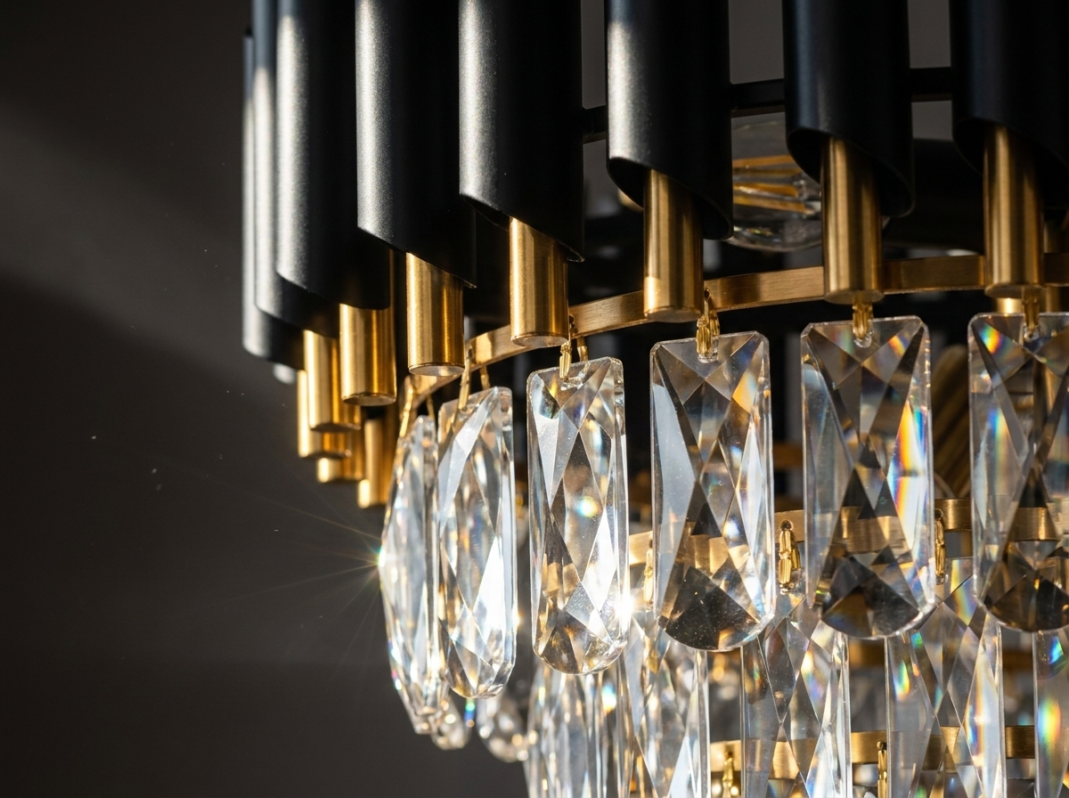 Close-up of K9 crystal drops with dramatic showcase lighting