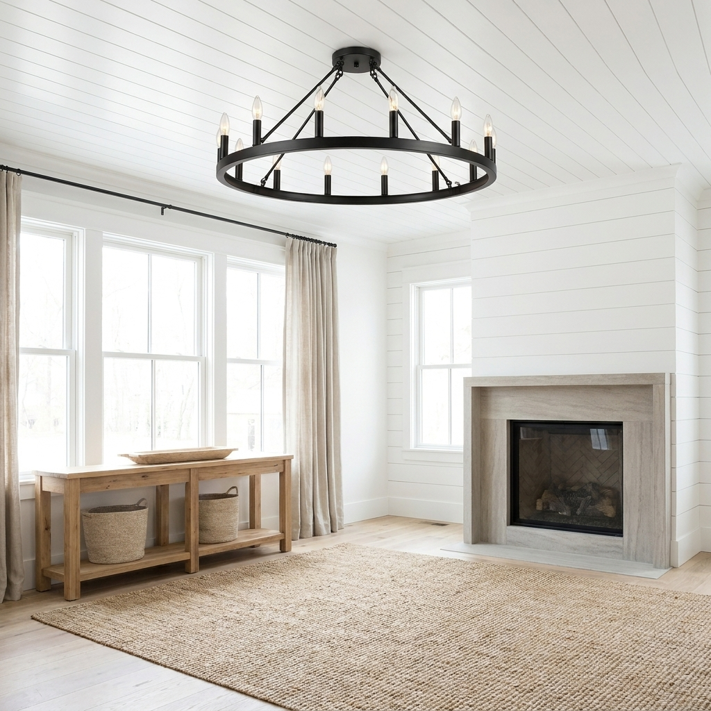 Matte black wagon wheel chandelier in a bright modern farmhouse living room