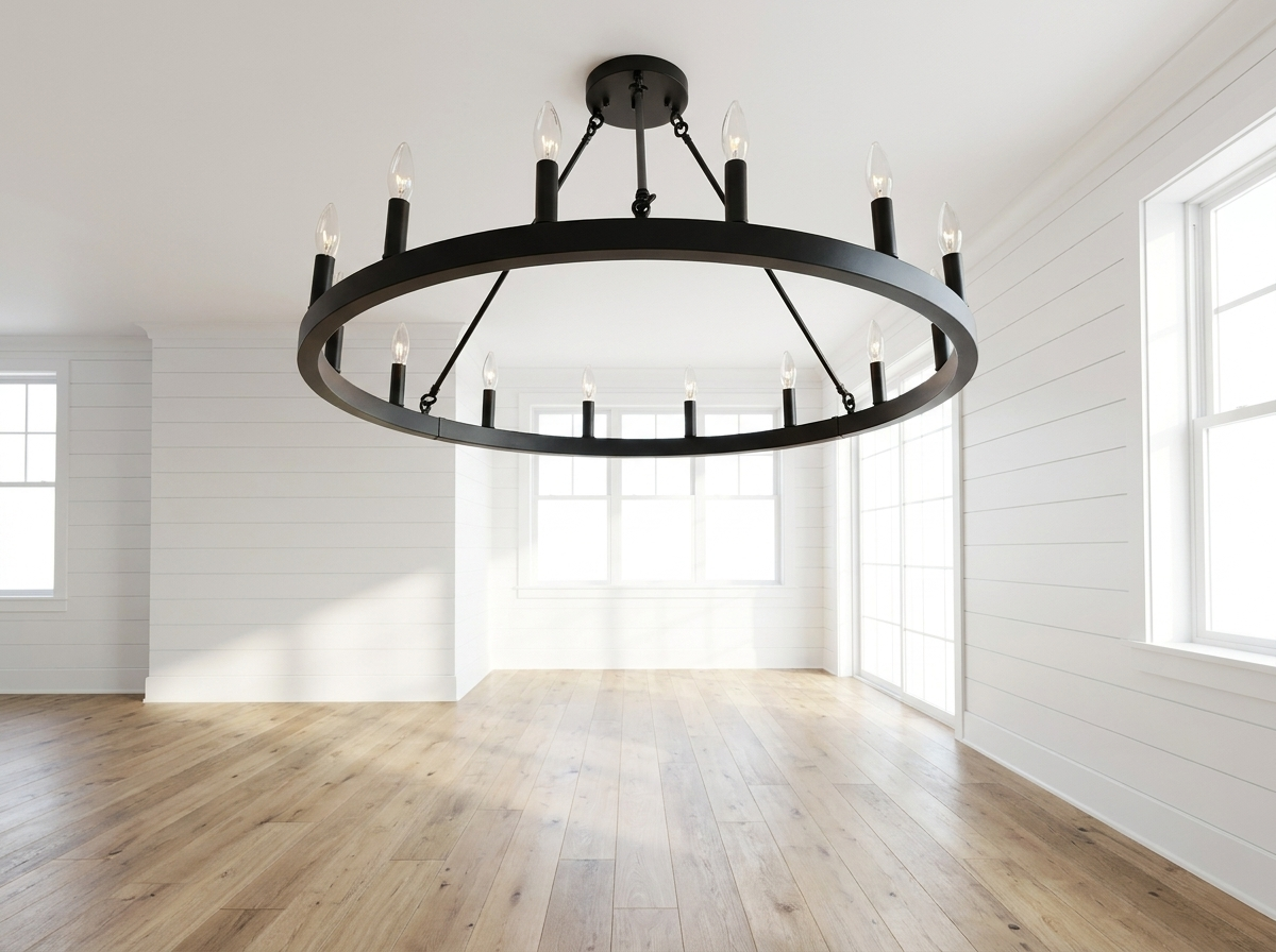 Installation perspective looking up at the wagon wheel chandelier flush mount