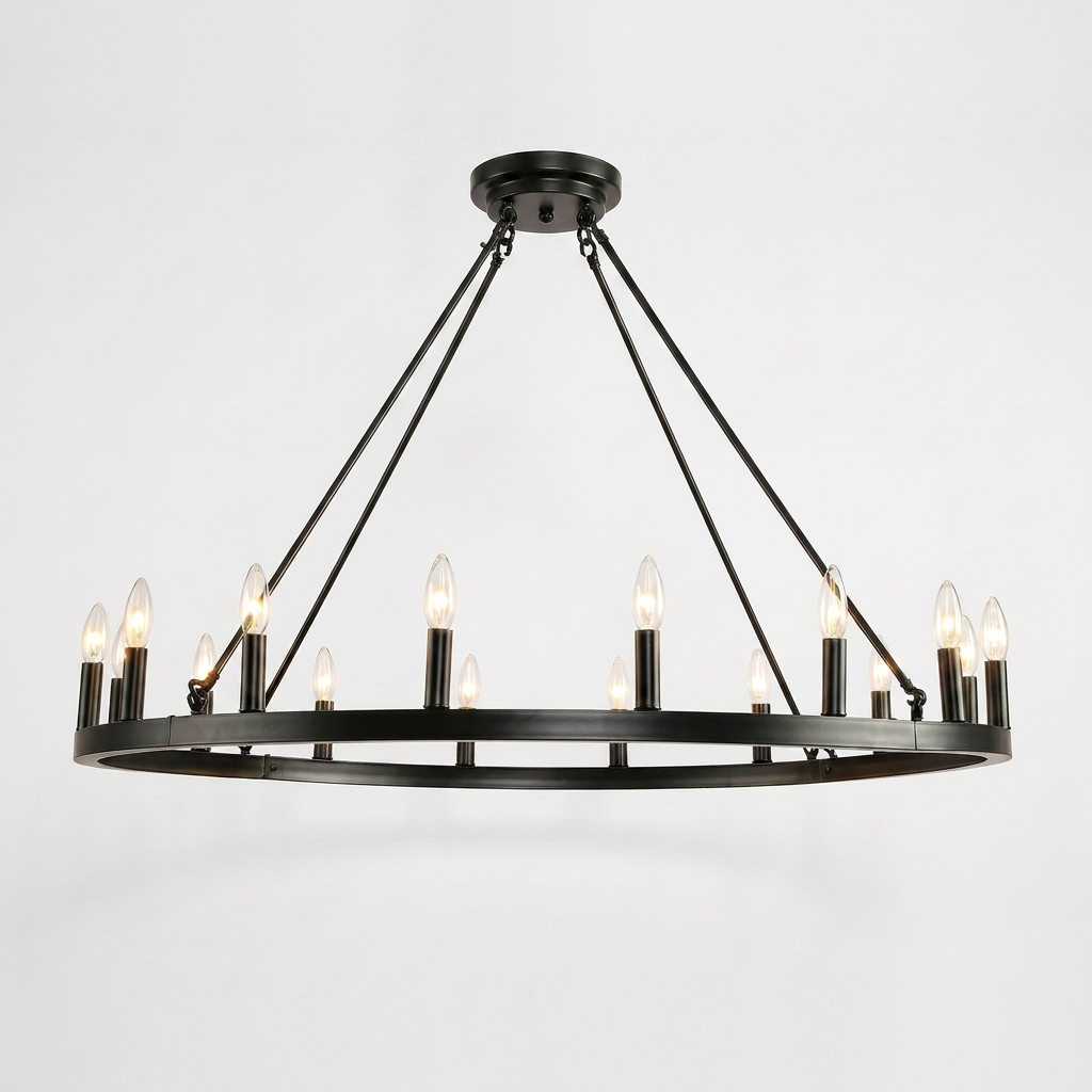 Matte black wagon wheel chandelier product photo on a clean neutral background