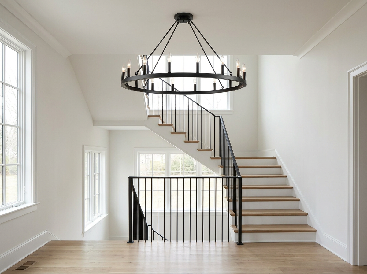 Wagon wheel chandelier above a stairway landing in a bright modern farmhouse home