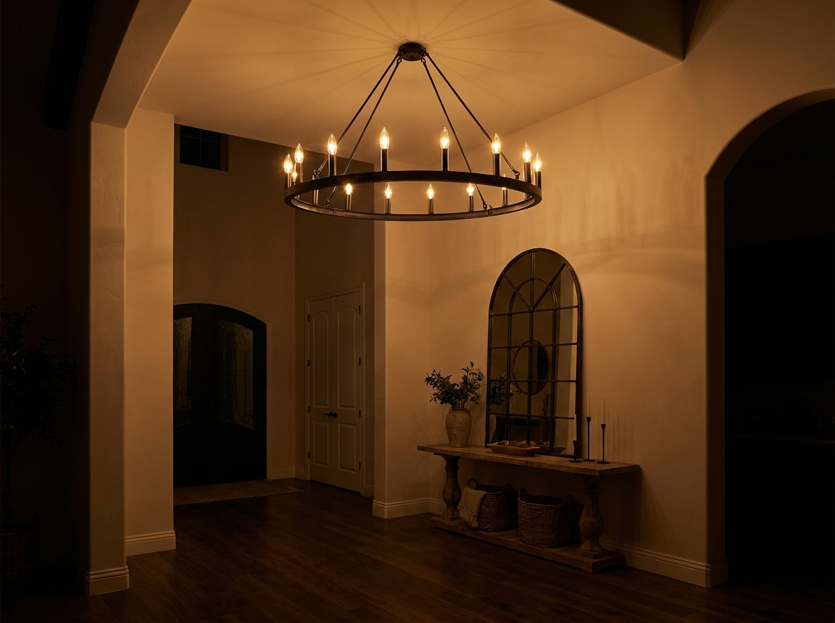 Wagon wheel chandelier glowing warmly in an upscale entryway foyer at night