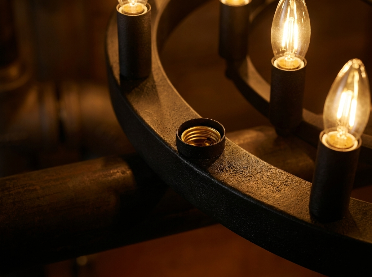 Close-up of the matte black iron frame and glowing open bulb sockets at night