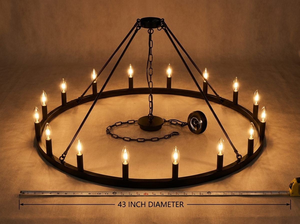 Wagon wheel chandelier shown with a scale reference for its 43 inch diameter at dusk