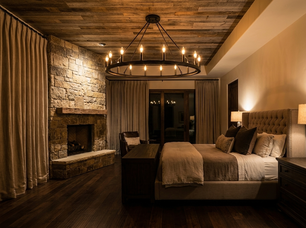 Wagon wheel chandelier glowing warmly in an upscale bedroom at night