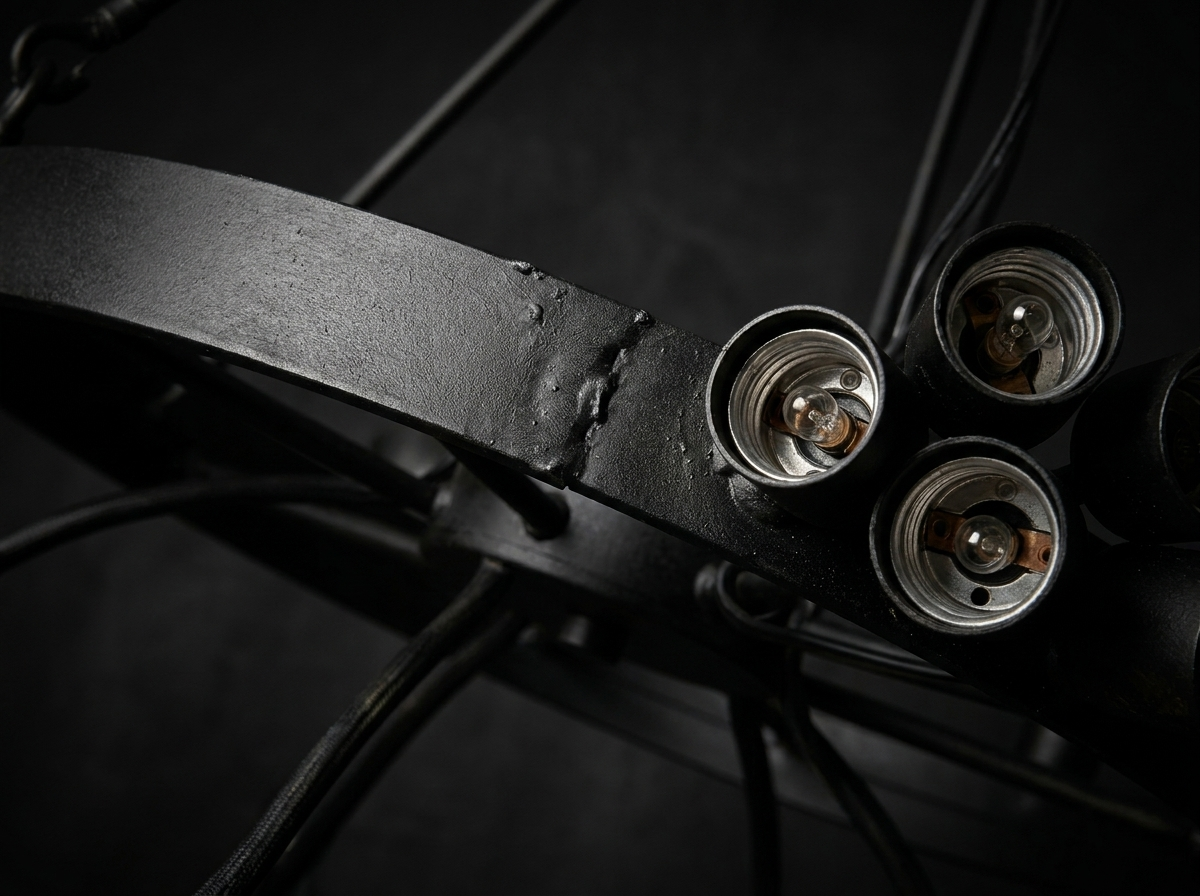 Close-up of the matte black iron frame with dramatic showcase lighting