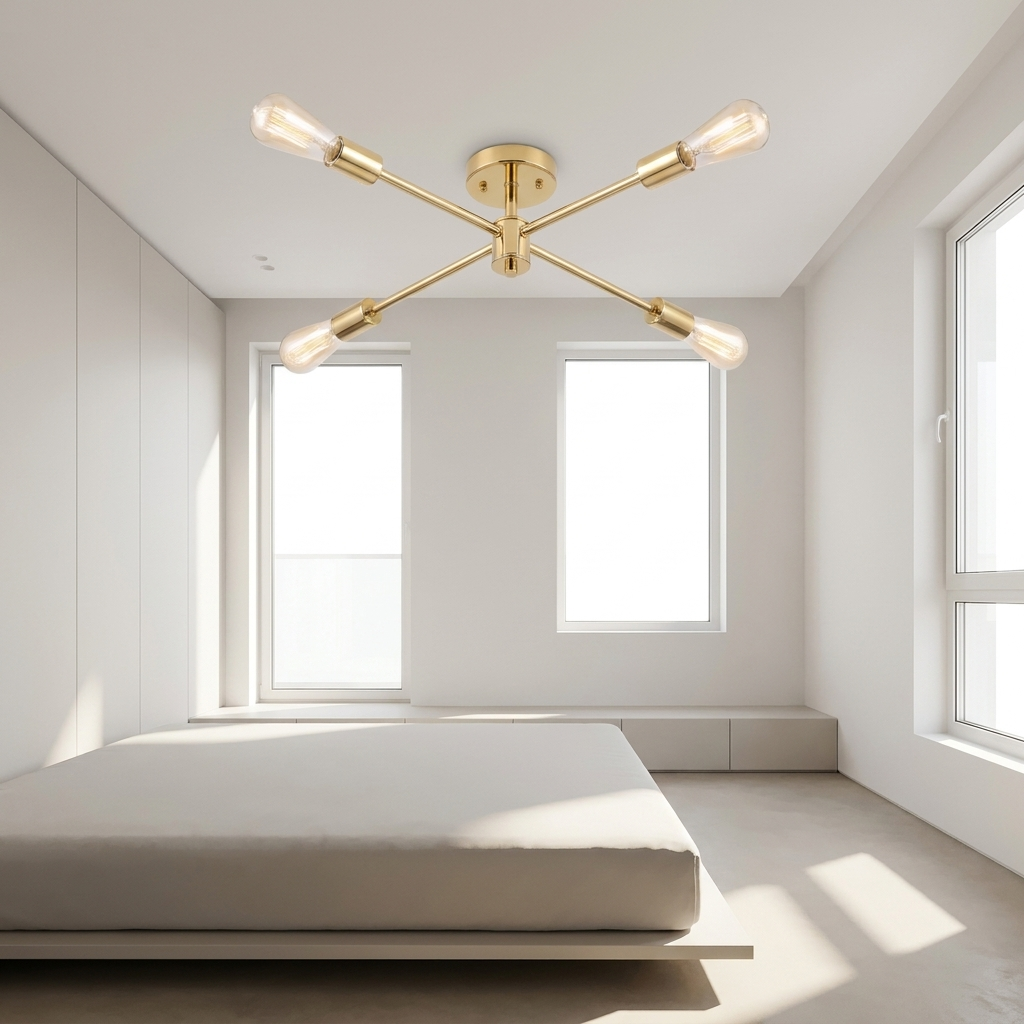 Gold sputnik chandelier in a bright modern minimalist bedroom