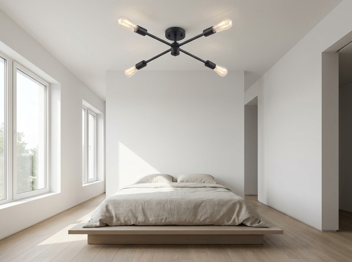 Alternate angle of the black sputnik chandelier in a bright modern minimalist bedroom