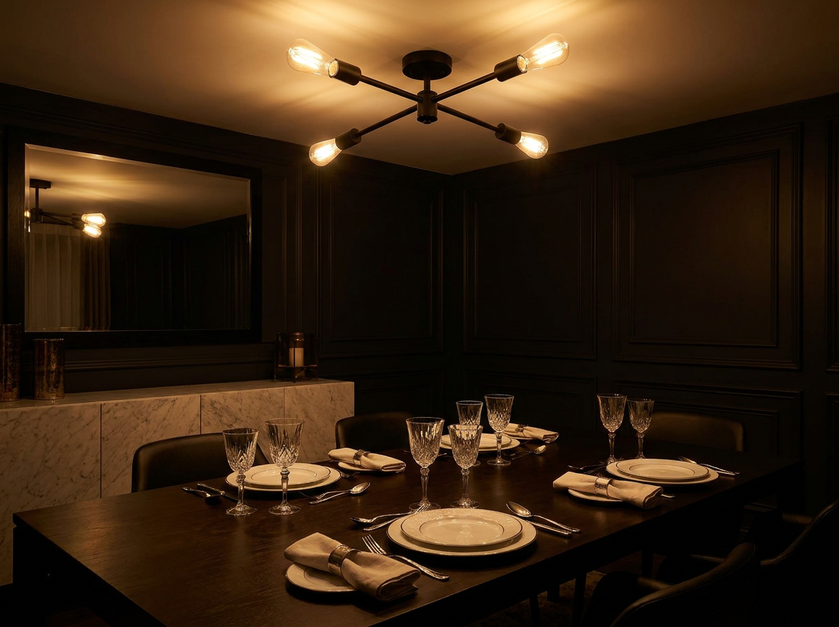Black sputnik chandelier glowing warmly above a dinner table at night