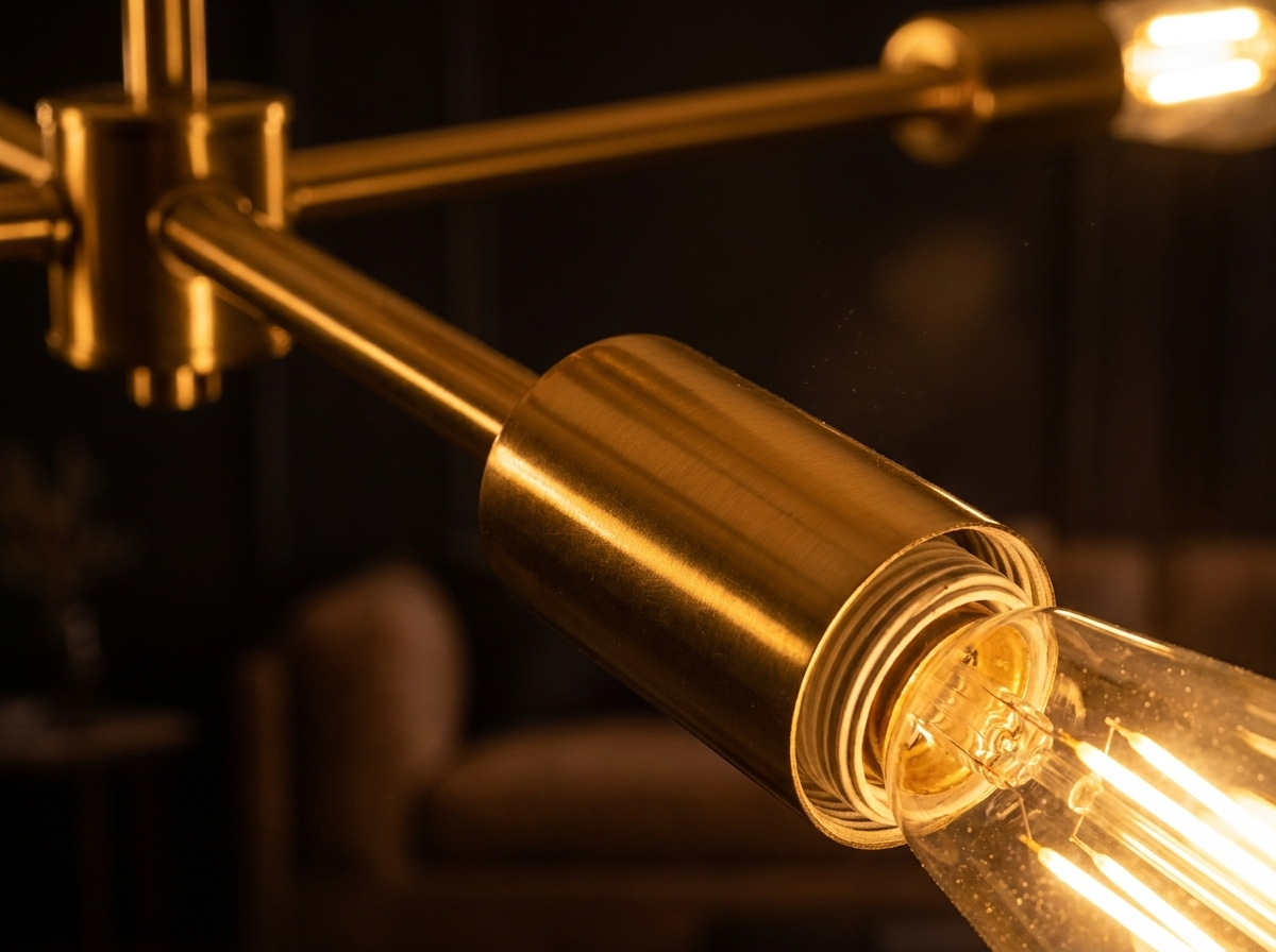 Close-up of the gold metal sputnik arms glowing with warm evening light