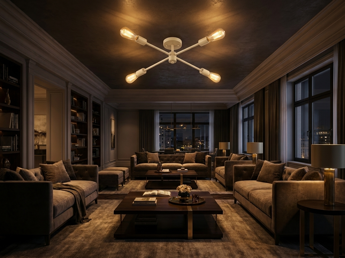 OAK White sputnik chandelier glowing softly in a sophisticated upscale living room