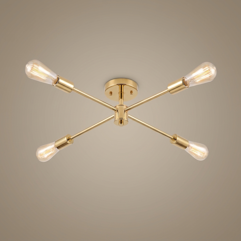 Gold sputnik chandelier product photo on a clean warm neutral background