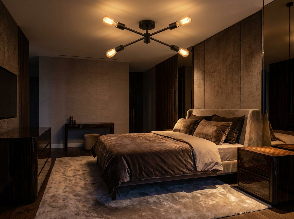 Black sputnik chandelier glowing warmly at night in a sophisticated upscale bedroom